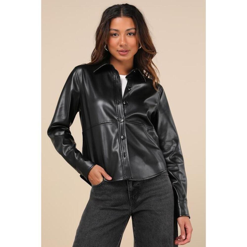 Lulus Polished Attitude Black Vegan Leather Button-up Top - Size S